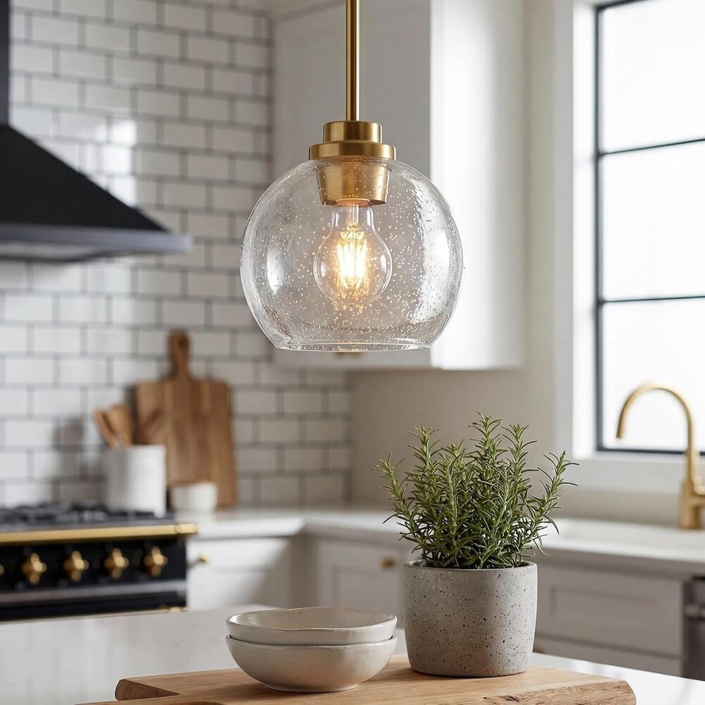 Modern Brushed Gold Pendant Light 7" Seeded Glass Globe Kitchen Island